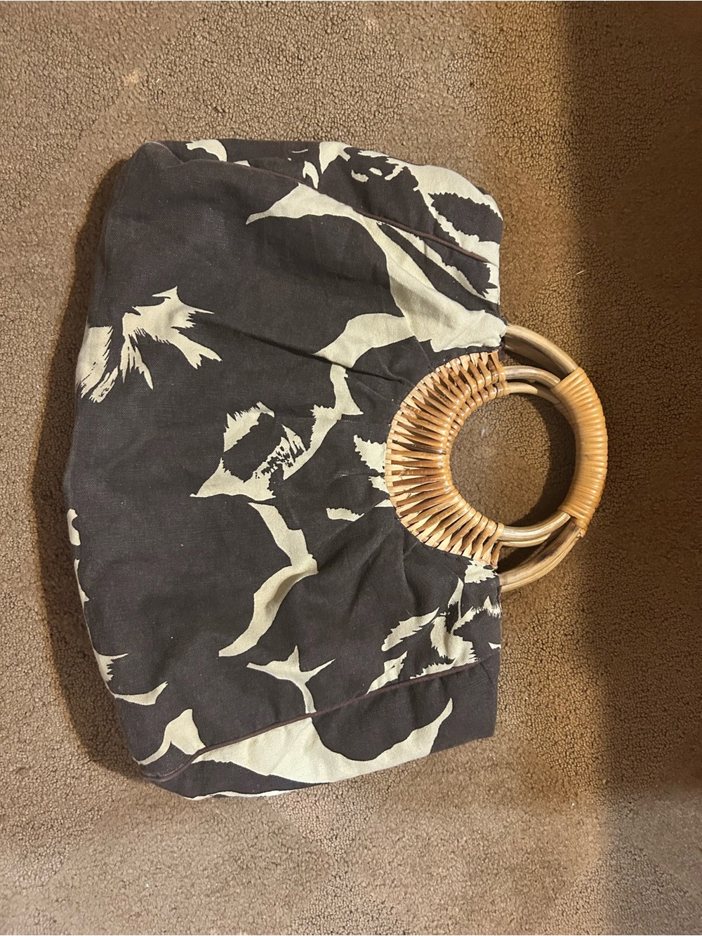 Old Navy Black and Cream Floral Tote with Bamboo Ring Handles